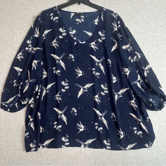 Como Black Hummingbird Blouse Plus 3X Navy White 3/4 Bishop Sleeve Flowy Sheer - Picture 2 of 11